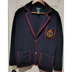 Ralph Lauren Blue Contrast Trim Preppy Blazer Jacket Women Petite M 100% Wool
